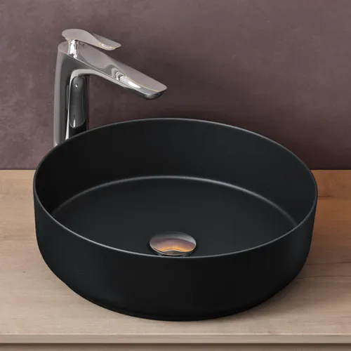 doporro Aufsatzwaschbecken Brüssel203 - Rund in Matt Schwarz - Elegantes Keramik Waschbecken für Gäste-WCs, mit modernem Design und einfacher Montage auf Unterschrank.