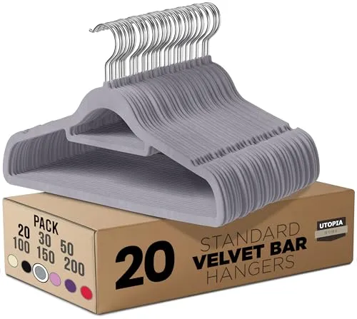 Utopia Home - Antirutsch-Kleiderbügel aus Samt - rutschfeste und strapazierfähige Kleiderbügel aus Samt mit Krawattenhalter - Stark genug, Jacken und Pullover zu halten (Grau, 20er-Pack)