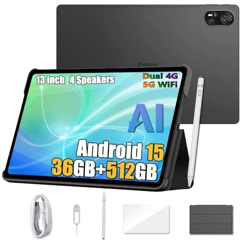 Blackview Mega 8 (2025) Android 15 Tablet 13 Zoll, 36GB+512GB+2TB Erweiterung, Quad-Box Speakers, 2K FHD+ Gaming Tablet 4G, 5G WiFi, 50MP+13MP, 11000mAh, PC Mode, Hülle + Intelligenter Stift, Schwarz
