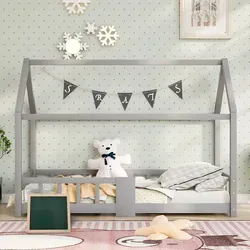 Hausbett mit Lattenrost, 90x200 cm, Kinderbett mit Rausfallschutz, Einzelbett, Jugendbett, Kiefer - Grau