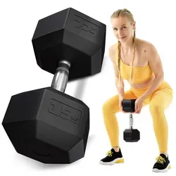 TREX SPORT Hexagon Gusseisen Kurzhantel TX-150RD | 1 Stück gummierte Hantel 15 kg mit verchromtem Griff | Dumbbell, Gewicht rutschfest, bodenschonend
