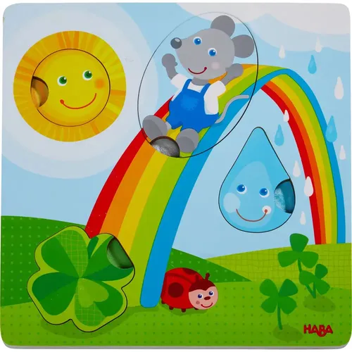 HABA 305345 - Fühlpuzzle Maus, Spiel aus Holz mit Stoff ab 1 Jahr, Steckpuzzle mit Fühlelementen fördert das Greifen und taktile Wahrnehmung