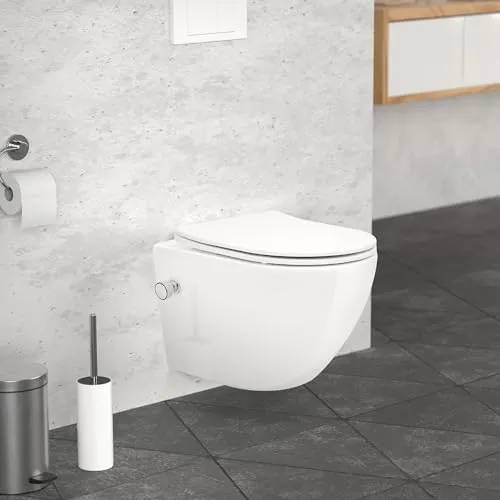 LuxeBath Spülrandloses Hänge WC kurz 49 cm Weiß mit Bidet-Funktion, Nano Beschichtung, Wand-WC Keramik, Toilette mit WC-Sitz abnehmbar Duroplast Softclose Absenkautomatik, Tiefspüler Lotus Effekt
