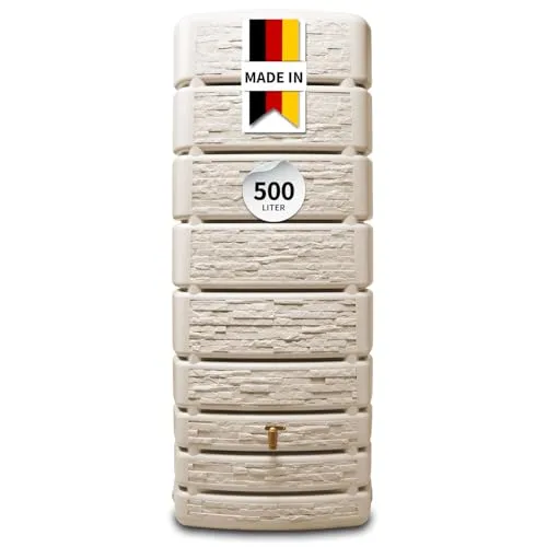 4rain Wandtank Slim Stone Decor, 500 l, Beige - Bewässerung mit Stil - der 4rain Wandtank Slim Stone Decor vereint 500 l Regenwasserspeicher mit trendigem Design und platzsparender Bauweise, ideal für jeden Garten.