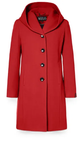 Milo Wintermantel Bella – Eleganter Wollmix-Mantel für Damen in Rot, Größe 40 - Der Milo Damenmantel Bella vereint Stil und Komfort mit einem weichen Wollmix. Ideal für kalte Tage in der Stadt, bietet er eine verlängerte Passform und praktische Seitentaschen für zusätzlichen Komfort.