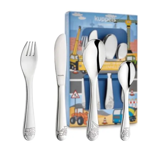 Kuppels Baustellenfahrzeuge Kinderbesteck Set 4-teilig im Geschenkkarton – ab 1 Jahr - Edelstahl 18/10 – Kindergabel und -messer, löffel & -teelöffel – spülmaschinenfest & kindgerecht
