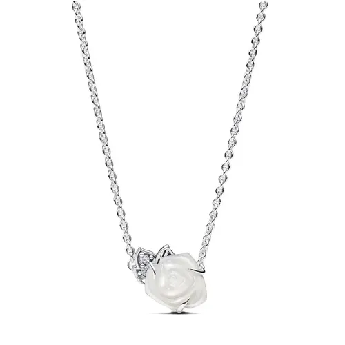 PANDORA Moments Weiße blühende Rose Collier-Halskette - Ketten für Damen, zeitlose Eleganz mit Blumenanhänger aus Sterling Silber und künstlichem Perlmutt, symbolisiert Reinheit und Liebe, verstellbar auf 42cm und 38cm.