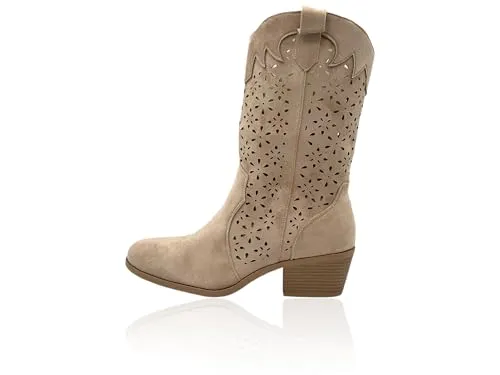 Nowaland Damen Cowboy Stiefel mit Cut-outs und Blockabsatz - Modische Cowboy-Stiefel für Frühjahr/Sommer mit seitlichem Reißverschluss für einfaches An- und Ausziehen. Ideal für Kleider, Röcke oder Jeans, bieten sie Komfort und Stil für jeden Anlass.