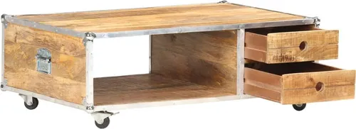 vidaXL Couchtisch aus massivem rauem Mangoholz 89x59x33 cm - Couchtisch aus massivem, rauem Mangoholz mit Metallkanten, stabil und langlebig. Mit 2 Schubladen und 1 offenem Fach für viel Stauraum - ideal für jedes Wohnzimmer!