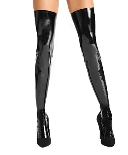 7Heaven Schwarze wetlook Lack Strümpfe Damen Stockings selbsttragend dehnbar S/M