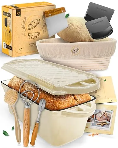 KRUSTENZAUBER Brotbackform XXL mit Deckel - Gusseisen Kastenform für perfektes Brot - KOMPLETTSET mit Gärkorb und Zubehör für müheloses Brotbacken. Die robuste Gusseisenform speichert Hitze optimal und sorgt für knusprige Krusten. Erlebe das Backen wie vom Lieblingsbäcker – ideal für alle Brotliebhaber!