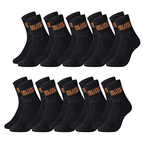 BLACK+DECKER Herren Socken Heavy Fabric Crew 10er Pack Unisex Work Sport Arbeitssocken 39-42 43-46 47-49 50-52 Verstärkte Baumwolle Schwarz Grau, Größe:47-49, Farben:10 Paar Black/Black