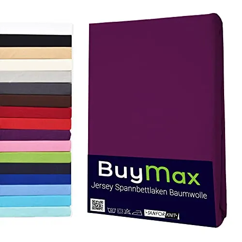 Buymax® Spannbettlaken 160x200cm Baumwolle 100% Spannbetttuch Bettlaken Jersey, Matratzenhöhe bis 25 cm, Farbe Aubergine