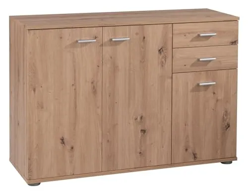 Kommode SOLO, B 106 cm braun - Moderne Kommode mit 2 Schubladen und 3 Türen, variabel einsetzbare Einlegeböden und stilvolles Artisan Eiche Dekor – ideal für jeden Raum.