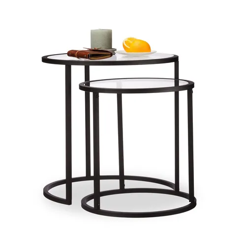 Relaxdays Beistelltische 2er Set - Sofatisch mit Glasplatte - Quadratische Satztische in elegantem Schwarz, ideal für Ihr Wohnzimmer. Die stilvolle Glasplatte sorgt für einen modernen Look und Funktionalität.