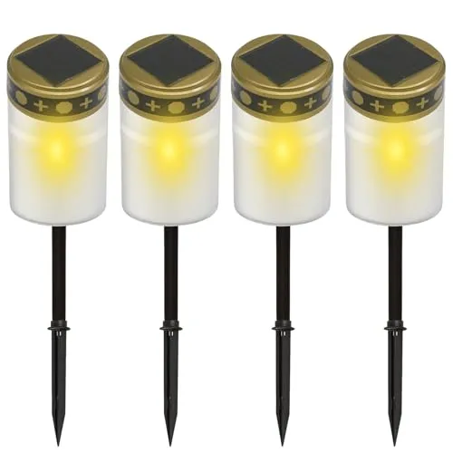 BYZESTY LED Grabkerze, 4 Stück Solar LED Grablicht, Grableuchten, Kerzen Outdoor, Solarbetrieben mit Lichtsensor, Stabilisierungsbügel mit Erdspieß, Lange Lebensdauer, Weiß, 7 x 12 cm