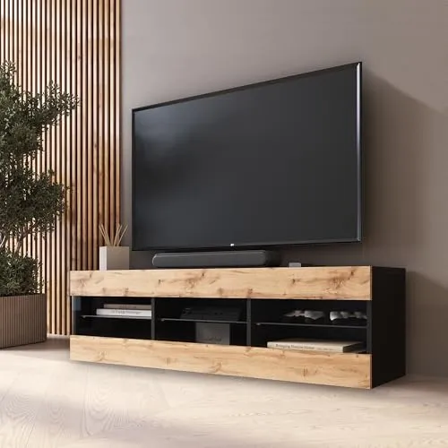 Komodee TV Schrank Tivoli, Wotan/Schwarz - 140cm - TV-Halterungen mit viel Stauraum für RTV-Geräte und eine elegante Glasboden-Option für stilvolle Akzente in Ihrem Wohnzimmer oder Schlafzimmer.