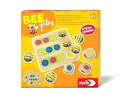 noris Bee Yatzy Würfelspiel aus Holz für Kinder ab 3 Jahren – erstes Lernspiel mit süßen Bienen – Brettspiel für 1–4 Spieler – fördert Farben Zählen Konzentration Jungen Mädchen