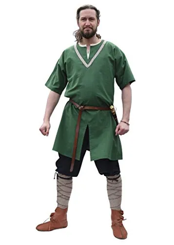 Battle-Merchant Mittelalter Tunika Ailrik | Kurzarm Wikinger Hemd für Herren - Kostüm-Oberteile für Erwachsene, ideal für LARP und Reenactment, aus 100% Baumwolle mit stylischer Borte und praktischen Schlitzen für Bewegungsfreiheit beim Reiten.