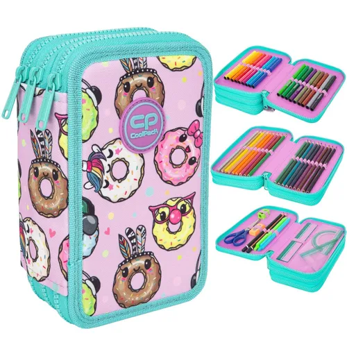 Federtasche XXL Happy Donuts - 46-teiliges Schüleretui - Federmappen & Schlamperrollen mit buntem Design und 3 Fächern, ideal für kreative Köpfe. Gefüllt mit hochwertigen Buntstiften für den sofortigen Einsatz!