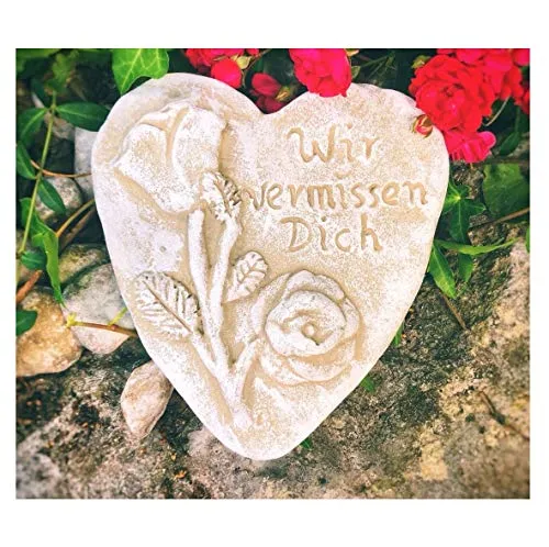 Radami Grabherz Spruch - Wir vermissen Dich - Grabschmuck Steinguss Herz 3D Rose hell