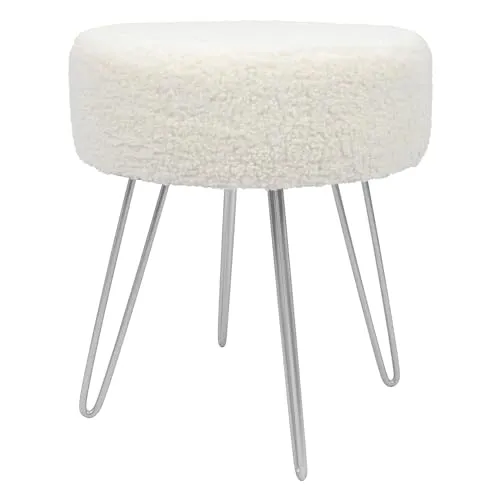 Harbour Housewares 1x Creme/Silber H41 x D35cm Runden Bouclé-Fußhocker - Klein Wohnzimmer Schminktisch Fußbank Ottomane Sitzpuff Stuhl Sitz