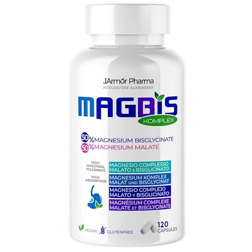 Magbis Magnesium Bisglycinat & Malat Kapseln Hochdosiert – 1000 mg – 120 Vegane Kapseln – Hohe Bioverfügbarkeit, Made in Italy