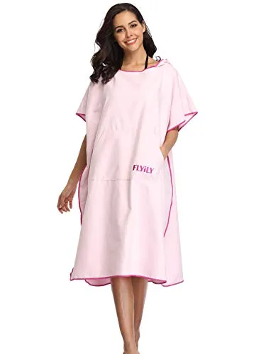 FLYILY Umkleide-Poncho, Umkleide-Tuch mit Kapuze, leicht, Mikrofaser, mit Tasche, für Erwachsene und Kinder L Hellrosa