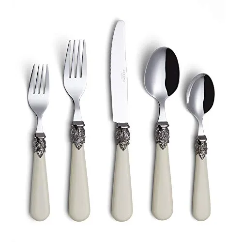 Annova Besteck-Set, 20-teilig, Edelstahl, Vintage-Besteckset, elfenbeinfarben, Tafelmesser, Tafelgabel, Salatgabel, Esslöffel, Teelöffel, hochglanzpoliert, Service für 4 Personen, cremefarben