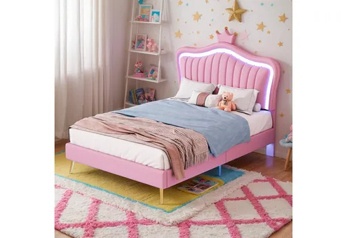 REDOM Polsterbett Bett Kinderbett Polsterbet Gästebett (Bettgestell für Mädchen, weißes Kronen-Doppelbettgestell aus Leder, mit LED-Leuchten, Lattenrost und Rückenlehne 90 x 200 cm), Ohne Matratze