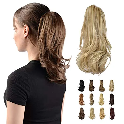 Sofeiyan 33cm Pferdeschwanzverlängerung Langer lockiger Pferdeschwanz Clip in Klaue Haarverlängerung Natürlich aussehendes synthetisches Haarteil für Frauen, Helles Aschbraun & Bleichblond