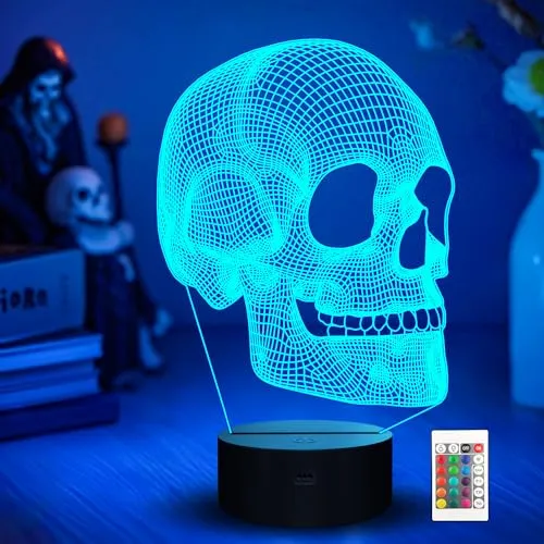Ammonite Totenkopf Nachtlicht für Kinder, 3D Illusion Lampe LED Tischlampe 16 Farben ändern mit Fernbedienung und Timer, bestes Weihnachts-Halloween-Geburtstagsgeschenk für Kinderjungen