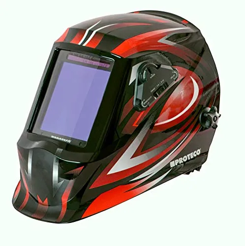 Proteco-Werkzeug® P1000 Automatik Schweißhelm - Schweißerhelm mit riesigem Sichtfeld von 100 x 98 mm und Optische Klasse 1/1/1/1 für beste Sicht. Inkl. 3 Ersatzgläser und extrem schnelle Verdunkelung in 1/30.000 Sekunde.