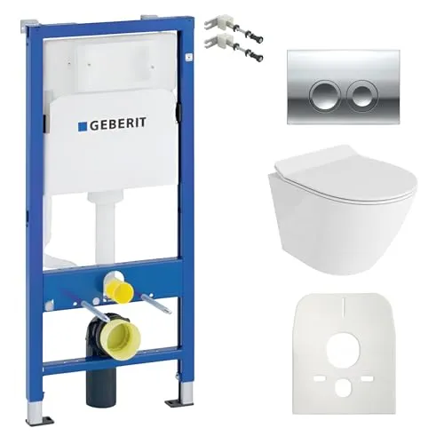 Lavita Duofix Basic Vorwandelement + Wand Tiefspül WC Sogo Slim Weiß Spülrandlos + WC Sitz + Bedienplatte Delta 25 Verchromt Knopf Komplettset Unterputz Spülkasten Toilette Komplett Sett WC