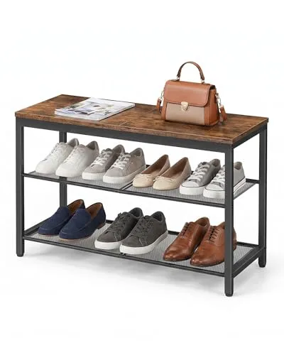 HOOBRO Schuhbank, 3-stöckiges Schuhregal, industrielle Schuhablagebank, Eingangsbank mit Gitterablagen, für Flure, Wohnzimmer und Korridore, einfache Montage, Vintagebraun und Schwarz EBF75HX01