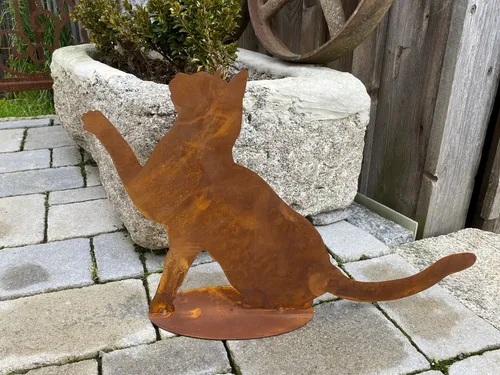 Edelrost Katze Minka auf Bodenplatte Tierfigur Gartendekoration