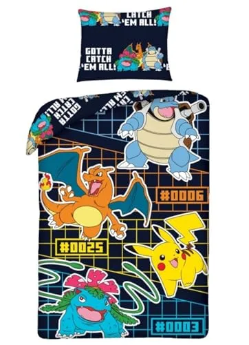 POKEMON Gotta Catch 'em All Pikachu Chararizard – Bettwäsche-Set Bettbezug 140 x 200 cm + Kissenbezug 70 x 90 cm – wendbar – 100 % Polyester – mehrfarbig
