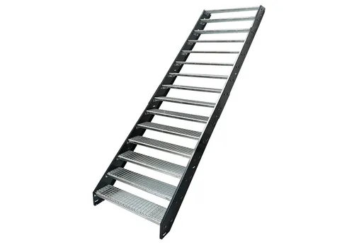 Kaminbau Mierzwa Außentreppe Stahltreppe 15 Stufen verzinkt Wangen mit und ohne Geländer Anthrazit, für Geschosshöhen bis 285 cm, Stufen Gitterroststufen nach DIN 24531, (Stufenbreite und Geländerart wählbar), Aus Premium Materialien hergestellt