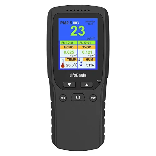 LifeBasis Formaldehyde Messgerät - Digitaler Luftqualitätsmesser - Innenraum-Luftqualitätsmessgeräte mit präziser HCHO, PM2.5 und TVOC Detektion. Überwachen Sie die Luftqualität jederzeit und erhalten Sie akustische Alarme bei Überschreitung der Standards.