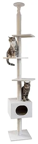 Katzen Kratzbaum Ferdi deckenhoch - ideal für Kitten - Kratzbaum & Möbel mit Deckenspanner, Katzenhöhle und Liegeflächen, perfekt für Kitten. Höhe: Deckenhoch, Farbe: Weiß, Grundfläche: 38 x 38 cm.