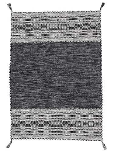 carpetfine Flachgewebeteppich Kelim Azizi Schwarz 60x110 cm | Moderner Teppich für Wohn- und Schlafzimmer