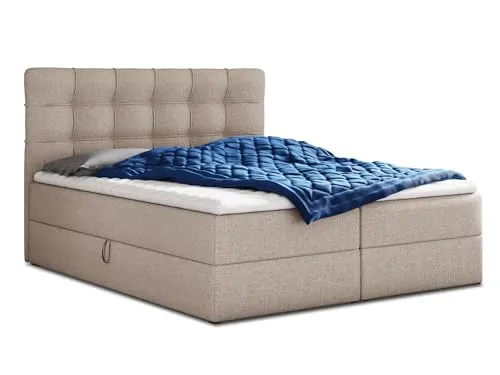 Boxspringbett Best mit 2 Bettkästen, Beige 180 x 200 cm - Stilvolles Polsterbett mit zwei praktischen Bettkästen und luxuriöser Bonell-Matratze. Inklusive Topper für optimalen Schlafkomfort - ideal für jedes Schlafzimmer.