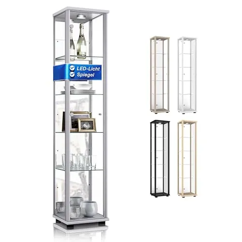 K-Möbel Glasvitrine in Alu/Silber mit LED-Beleuchtung - Glasvitrine für stilvolle Präsentation von Sammlerstücken, ausgestattet mit 4 höhenverstellbaren Glasböden und eleganten silberfarbenen Griffen.