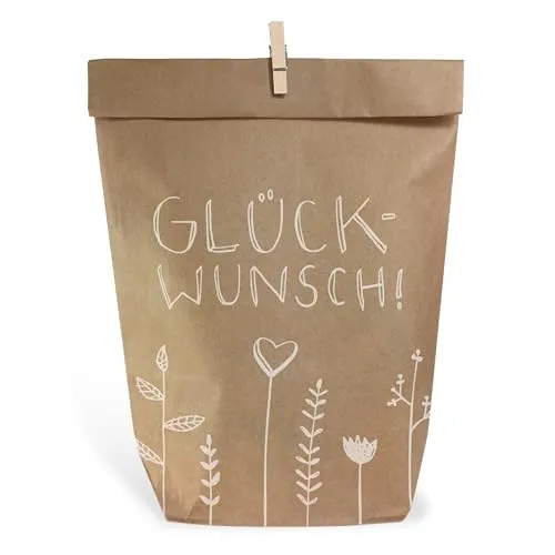 Eine der Guten Geschenktüten Set - Glückwunsch!, mit 24 gestempelten Kraftpapiertüten & Mini-Holzklämmerchen, für persönliche Geschenke zu Weihnachten, Geburtstag, Hochzeit, Abschied, 16,5 x 26 cm