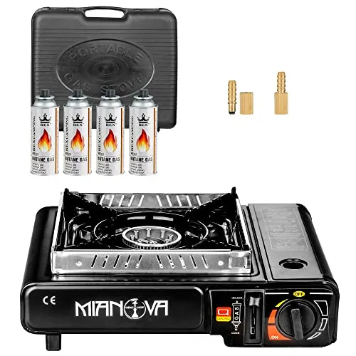 Mianova Campingkocher Outdoor Gaskocher Shisha BBQ Anzünder Grill Notfallkocher Gaskartuschen Gas Kocher Herd Set Schwarz 4 Gasflaschen