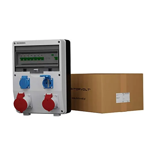 Stromverteiler ECO-S/FI 1x16A 1x32A 2x230V Doktorvolt - Sonstige Elektroinstallationsartikel - Robuster Baustromverteiler mit Schutzklasse IP44, ideal für Baustellen und Werkstätten, ausgestattet mit zwei 230V 16A und einer 400V 32A Steckdose.