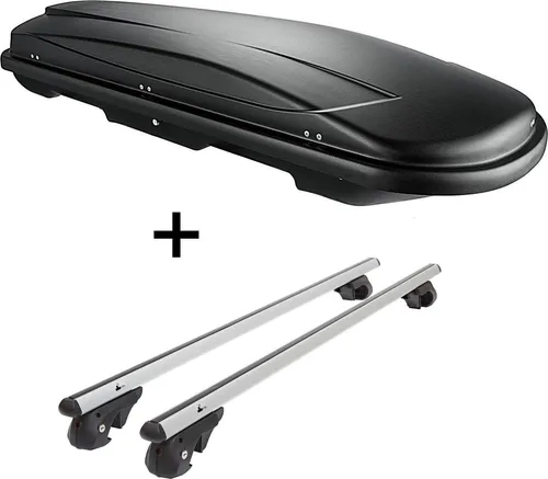 Dachbox VDPJUXT600L + Alu Relingträger VDP004L für VW Passat Variant - Gepäckträger-Set mit 600 Liter Stauraum und 50 kg Zuladung, ideal für den Transport von Ski und Snowboards. Einfaches Montagesystem ohne Werkzeug.
