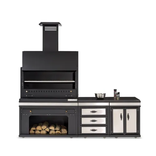 Moderne Außenküche aus Edelstahl in Schwarz - Freistehende Außenküche mit stilvollem Design, ideal für Grillabende im Freien. Robustes Edelstahl-Material, Maße: 242 x 72 x 181 cm, bietet ausreichend Platz für Grill- und Kochzubehör.