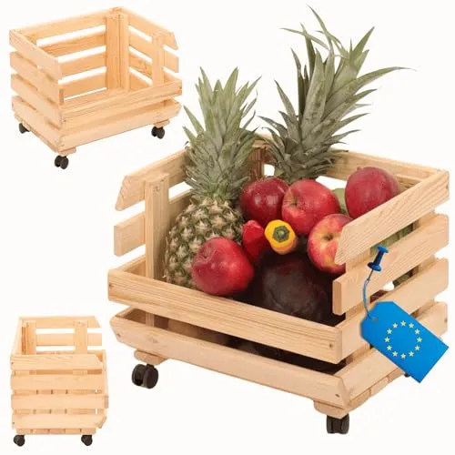 MODO24 Modular Holzregal für Gemüse & Obst auf Rollen, Stapelbares Regalsystem aus Kiefernholz, 1 Holzkiste, Kartoffelsteige, Küchenregal, Vorratsregal, Gemüseregal, Abm. 30x37x30 cm, Fargbe: Natur