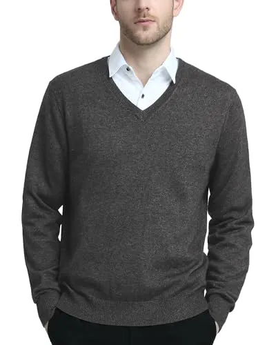 Kallspin Herren Strickpullover aus Wollmischung V-Ausschnitt Langarm Comfort Fit Pullover(Grau, XL)